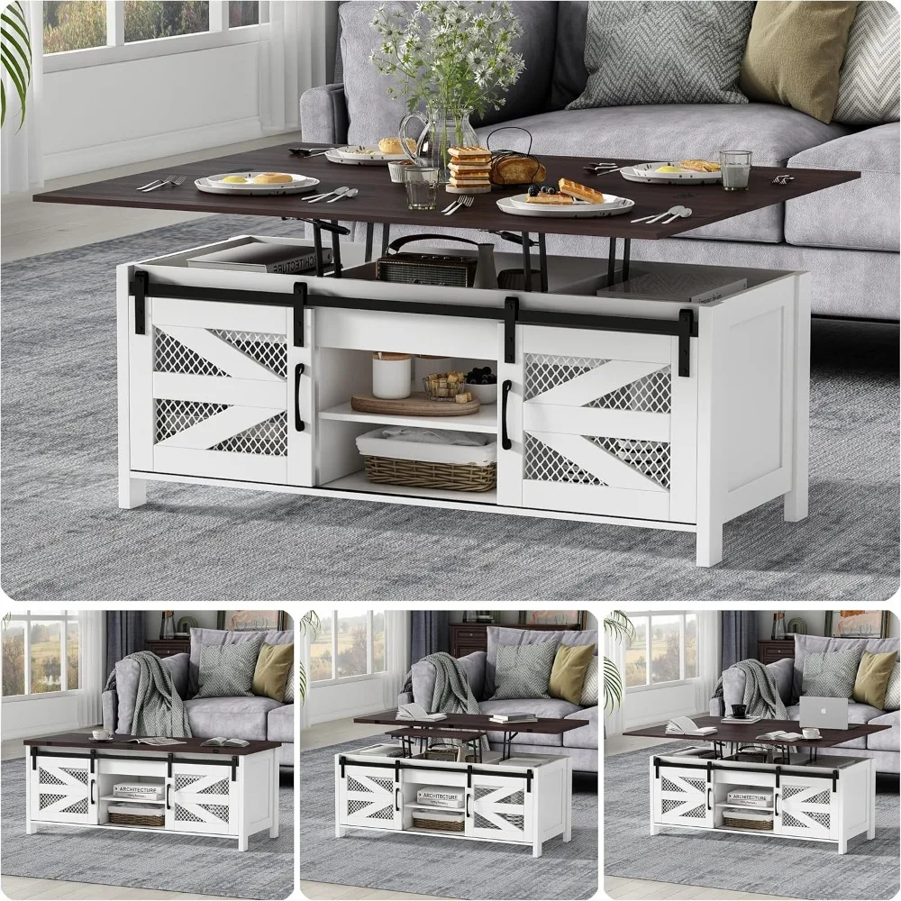 

47.2" Lift Top Coffee Table, 4 in 1 Farmhouse Coffee Table with Sliding Barn Doors, Coffee Tables for Living Room, Dining