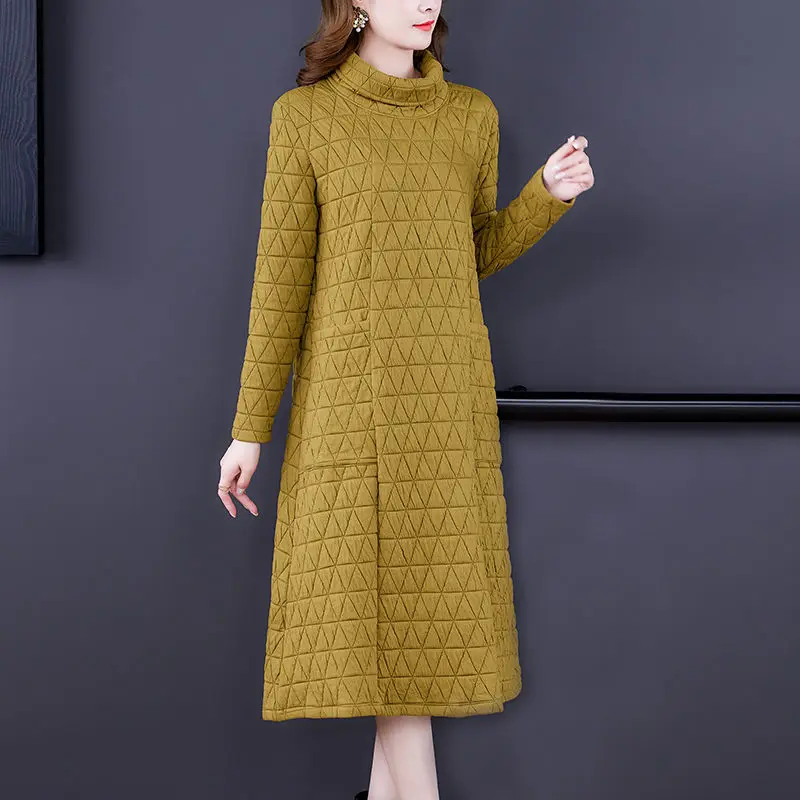 Rhombic Cotton Padded Dress Autumn And Winter Long Sleeve Large Size Medium Length Fashionable Bottomed Dress Quilted Tops T1386