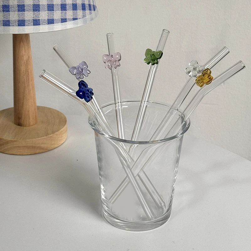 19cm Cute Bowtie Glass Heat-Resistant Straw Reusable Cocktail Juice Drinking Straw For Festival Wedding Party