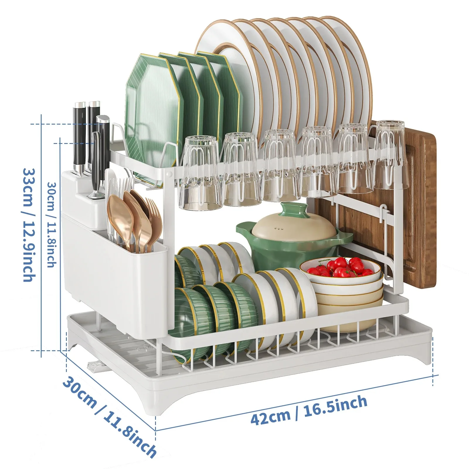 2 Tier Dish Drying Rack Kitchen Bowl Drainer Storage Rack Tableware Drain Chopsticks Knife Fork Water Cup Storage Holder 2 Tier
