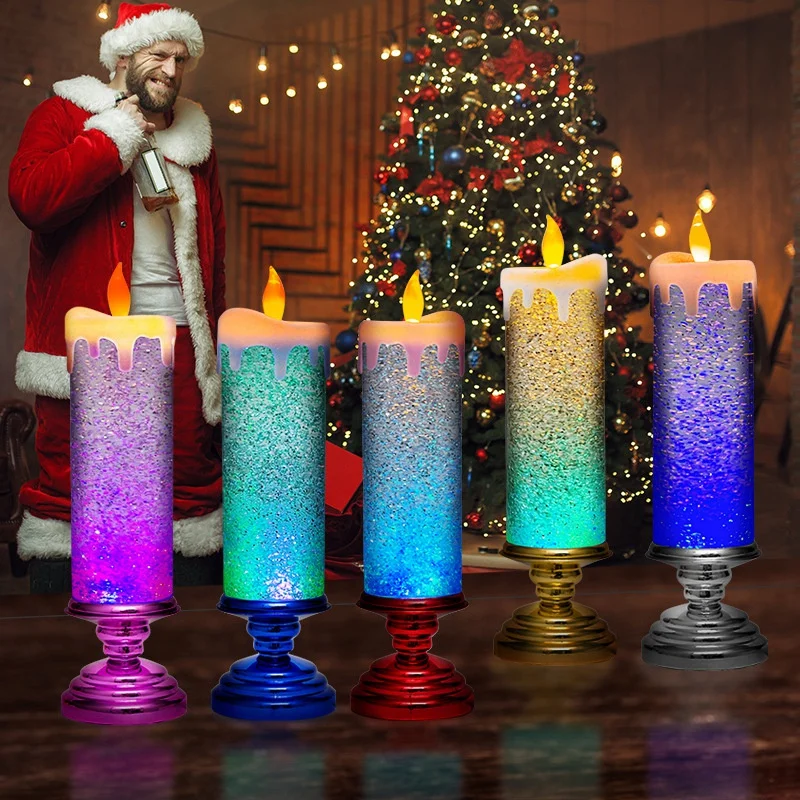 LED Christmas Candles Colour Changing LED Water Candle With Glitter Flameless LED Candle Lights Desk Table Easy To Use Blue