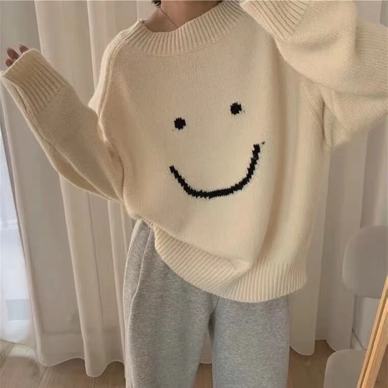 

Smiley Knitted Sweater Women Kawaii Harajuku Pullover Autumn Winter Long Sleeve Casual White Jumper Korean Vintage Oversized