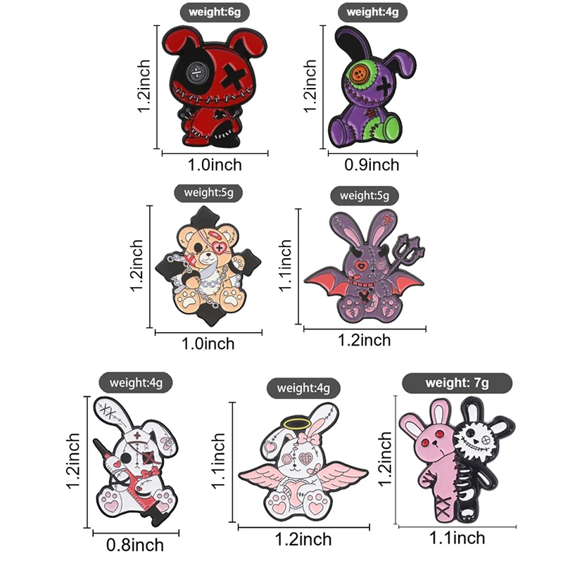 Voodoo Stitched Plush Pastel Goth Horror Doll Enamel Pin Punk Stitched Nurse Rabbit Doll Brooch Bag Lapel Badge Y2K Jewelry Gift