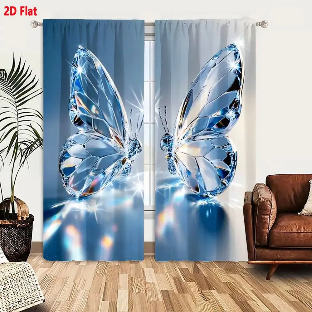 2Pcs Curtains 2D Flat Crystal Clear Butterfly Sculptures Facing Each Other With Faceted Diamond - Like Wings Shining Sparkling L