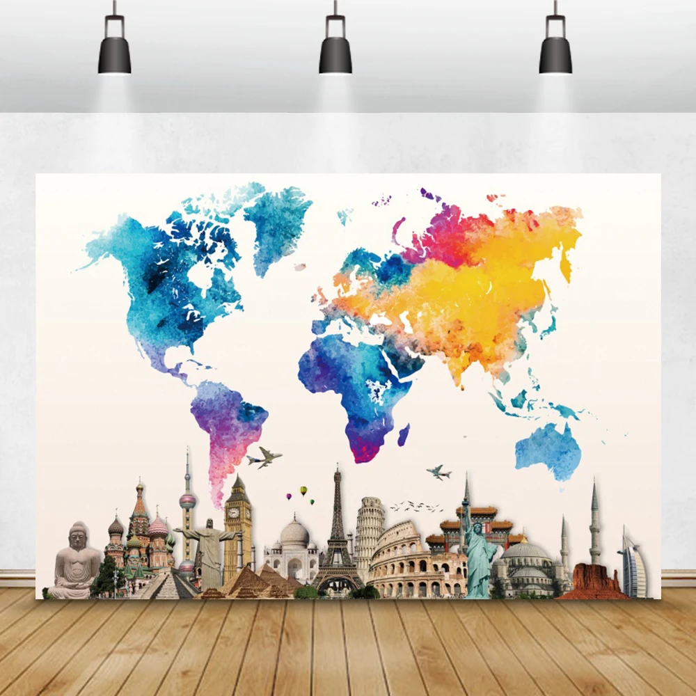 

Laeacco World Map Pattern Classic Building Photo Customized Backgrounds Decor Photography Backdrops Photocall For Photo Studio