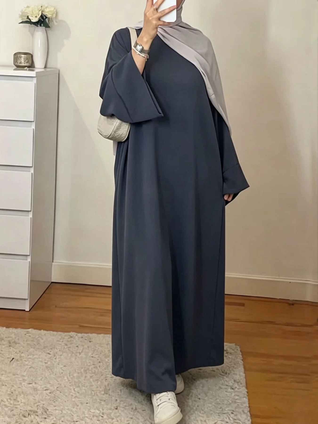 Muslim Abaya Dress for Women Solid Color Loose Long Sleeve Maxi Dress Casual Islamic Kaftan Modest Prayer Robe