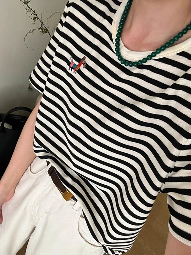 Efecto adelgazante ort Sve camiseta a rayas Casual Base de algodón puro irt Faionable coreano Sle redondo Ne Top para verano