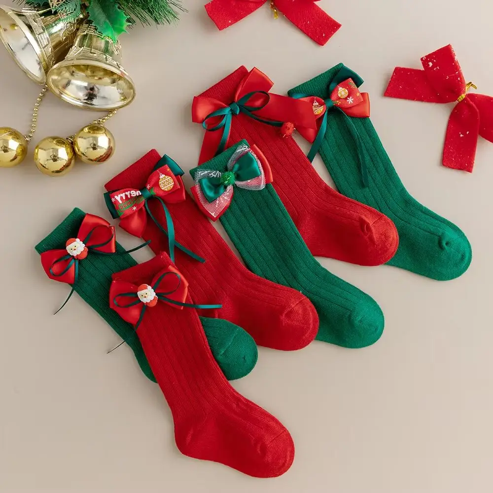 Soft Warm Festive Stockings with Red & Green Bows for Holiday Outfits Christmas Toddler Girl Knee-High Socks