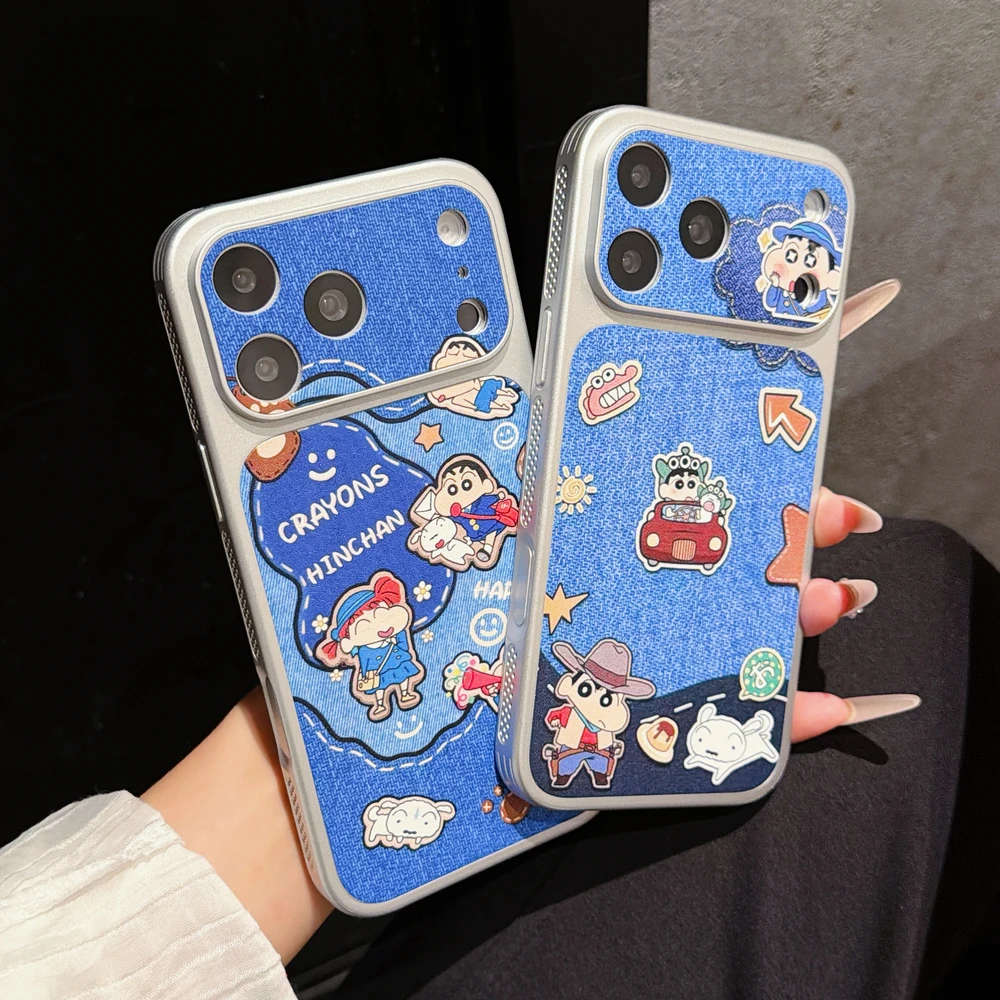 

Cute Cartoon Japan Anime Crayon Shin-chan Cowboy Leather Pattern Phone Case For iPhone 17 16 15 14 13 Pro Max Cases Hard Cover