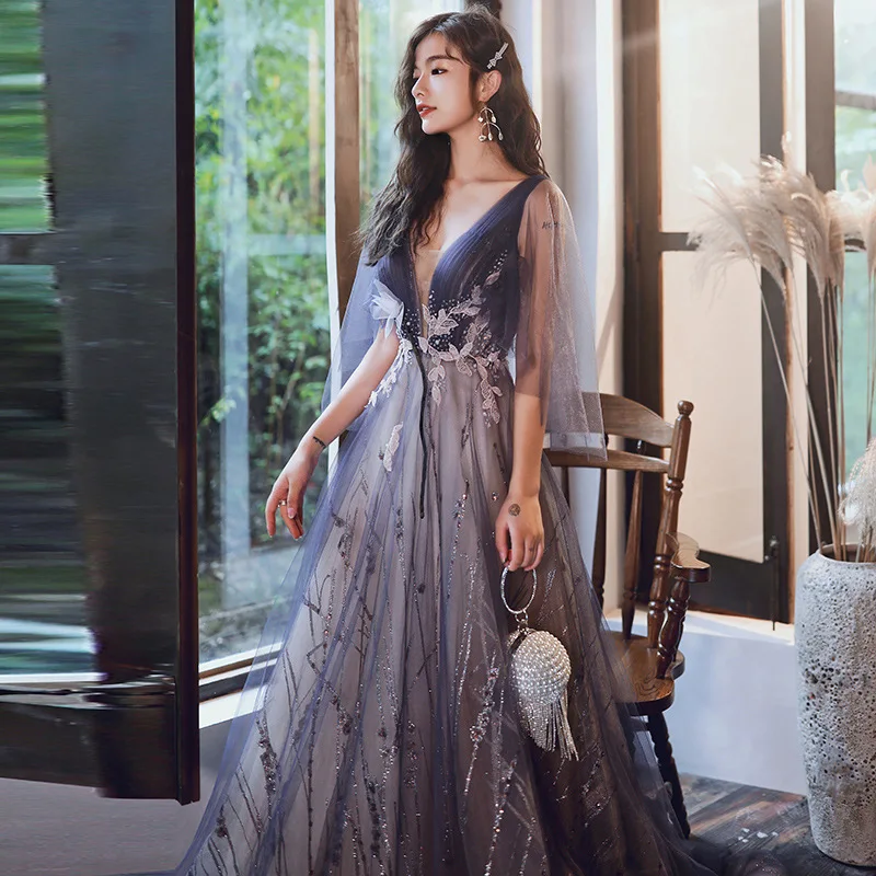 فستان سهرة فستان نمط جديد مأدبة الراقية جو أنيق الموسيقى الفن فحص مزاجه فستان طويل مع ذيل الإناث