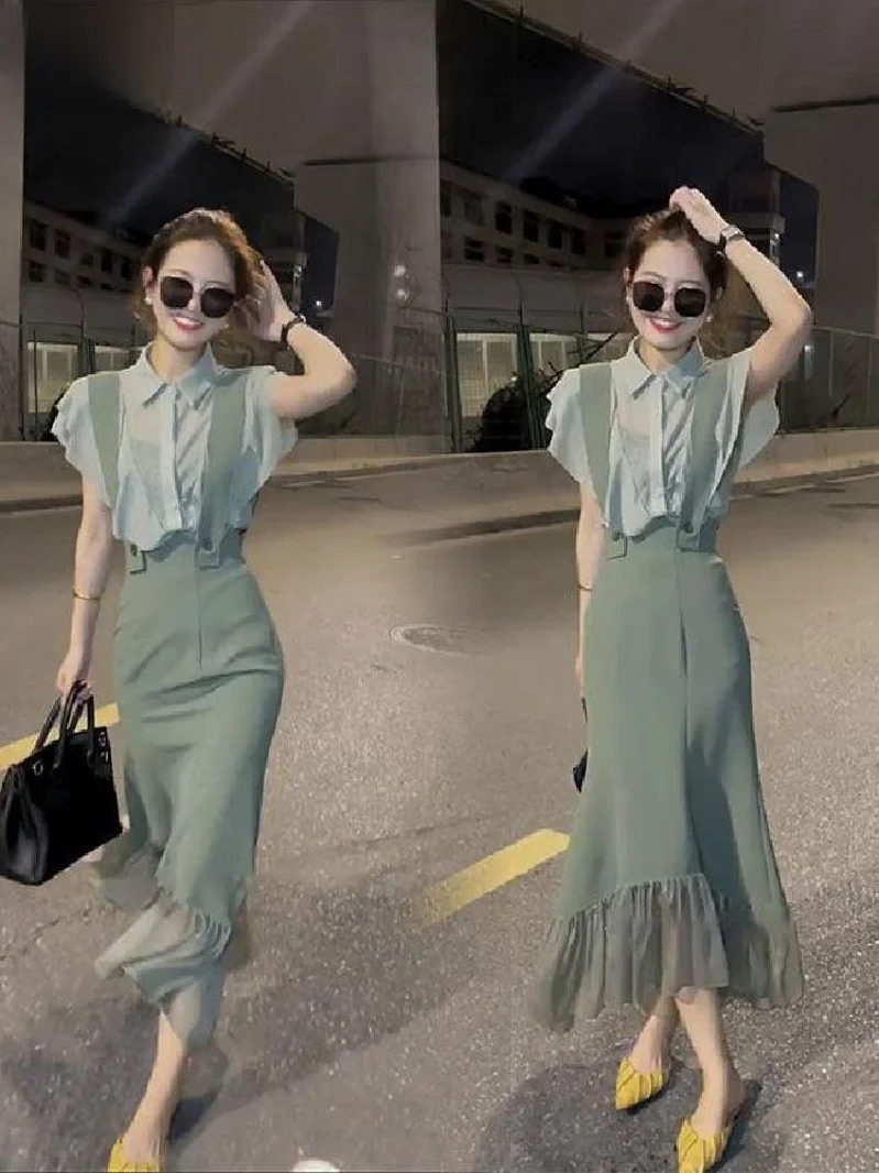 summer-new-design-women's-set-fly-sleeve-shirt-top-strap-fish-tail-skirt-two-piece-set-small-size-fashionable-casual-outfit