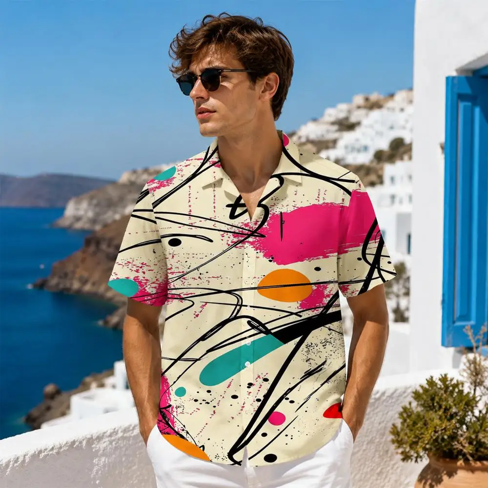 3D Abstract Graffiti Print Men Hawaiian Shirt Short Sleeve Lapel Collar Hip Hop Streetwear Summer Beach Vacation Casual Tops