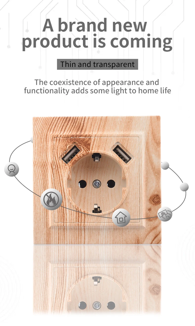 Flammhemmender EU-Standard aus Holz mit Erdungsfarbe, klassische USB-Steckdosen aus Kunststoff, 250 V, eingebettete Wandsteckdosen, 250 V – Detail 3