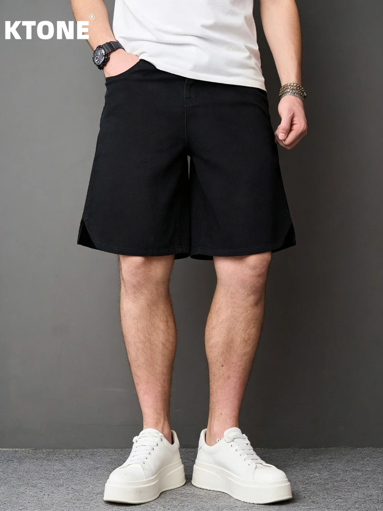 

Men everyday wear black non stretch denim jorts loose casual solid color stylish comfortable short pants