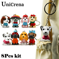 UniCrena 8Pcs Dalmatian Pug Keychain Cocker Spaniel Dachshund Bag Charm Backpack Purse Car Key Fashion Dog Keychain Lover Gift