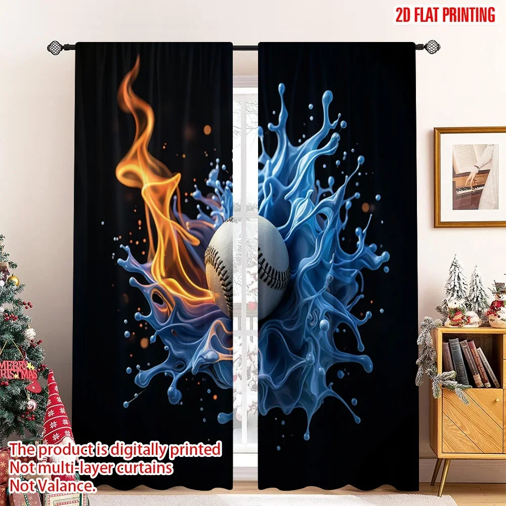 2pcs 2D flat printing Curtain Fire Water Soccer Ball Digital Printed Polyester Drapes Festive Holiday Use for Door Wall Yard All