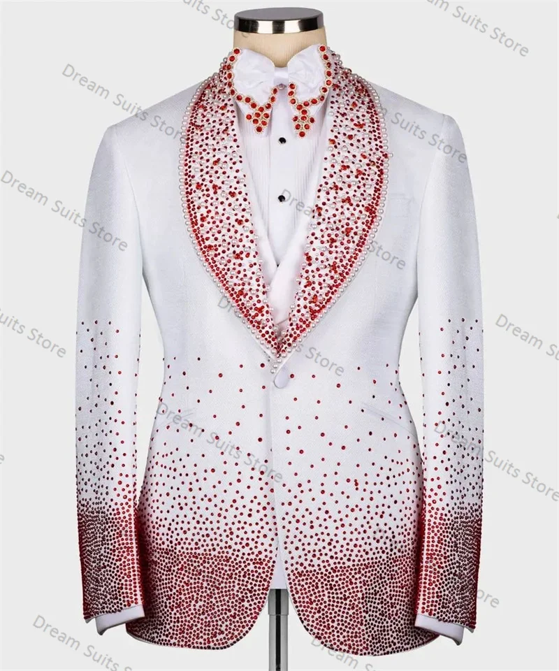 

Crystals White Men Suits Set 2 Piece Red Crystal Blazer+Pants Customized Formal Office Jacket Wedding Tuxedo Male Prom Coat