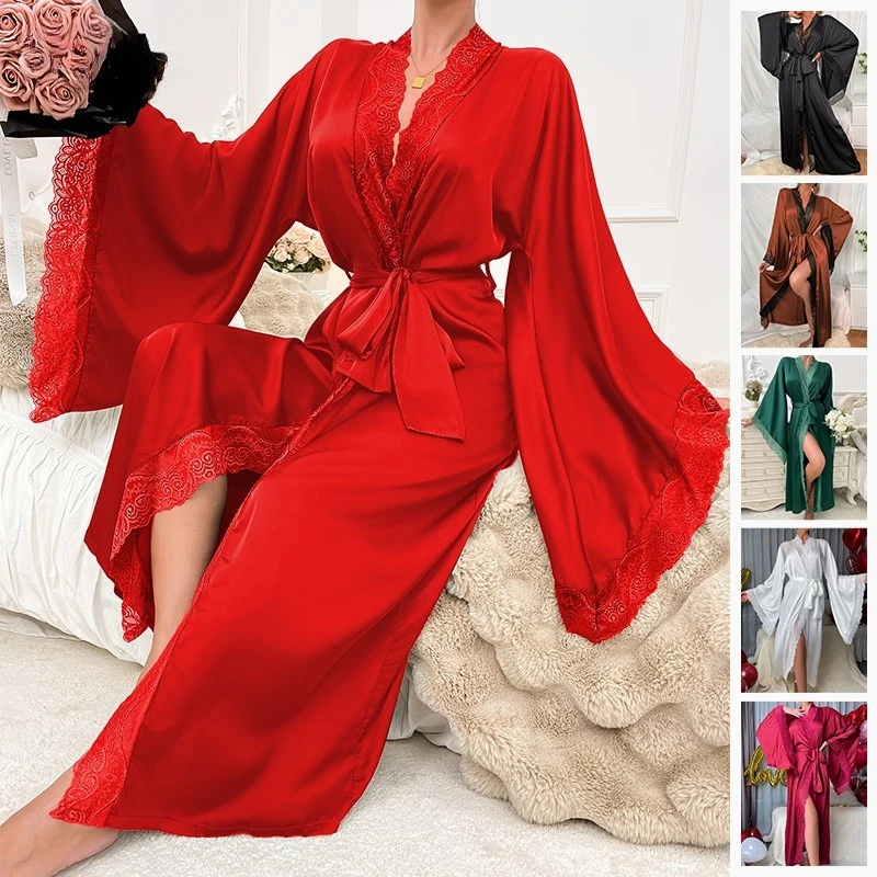 

Women's Lace Satin Long Pajamas Light Luxury Long-Sleeved Nightgown Bathrobe Loungewear