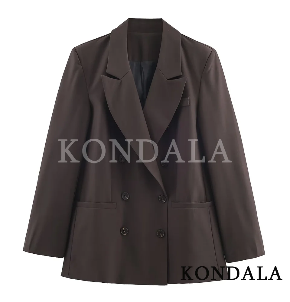 เสื้อเบลเซอร์ KONDALA แบบกระดุมสองแถว สไตล์วินเทจ สำหรับผู้หญิง สีน้ำตาล ดีไซน์หรูหรา ปี 2026 แฟชั่นทันสมัย เหมาะสำหรับใส่ทำงานในฤดูใบไม้ผลิ