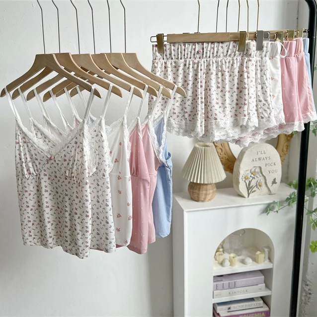 American Sweet Girl Lace Vintage Floral Strap Shorts Home Sleepwear Casual Style Thin Summer Home Scene Youth Female Underwear