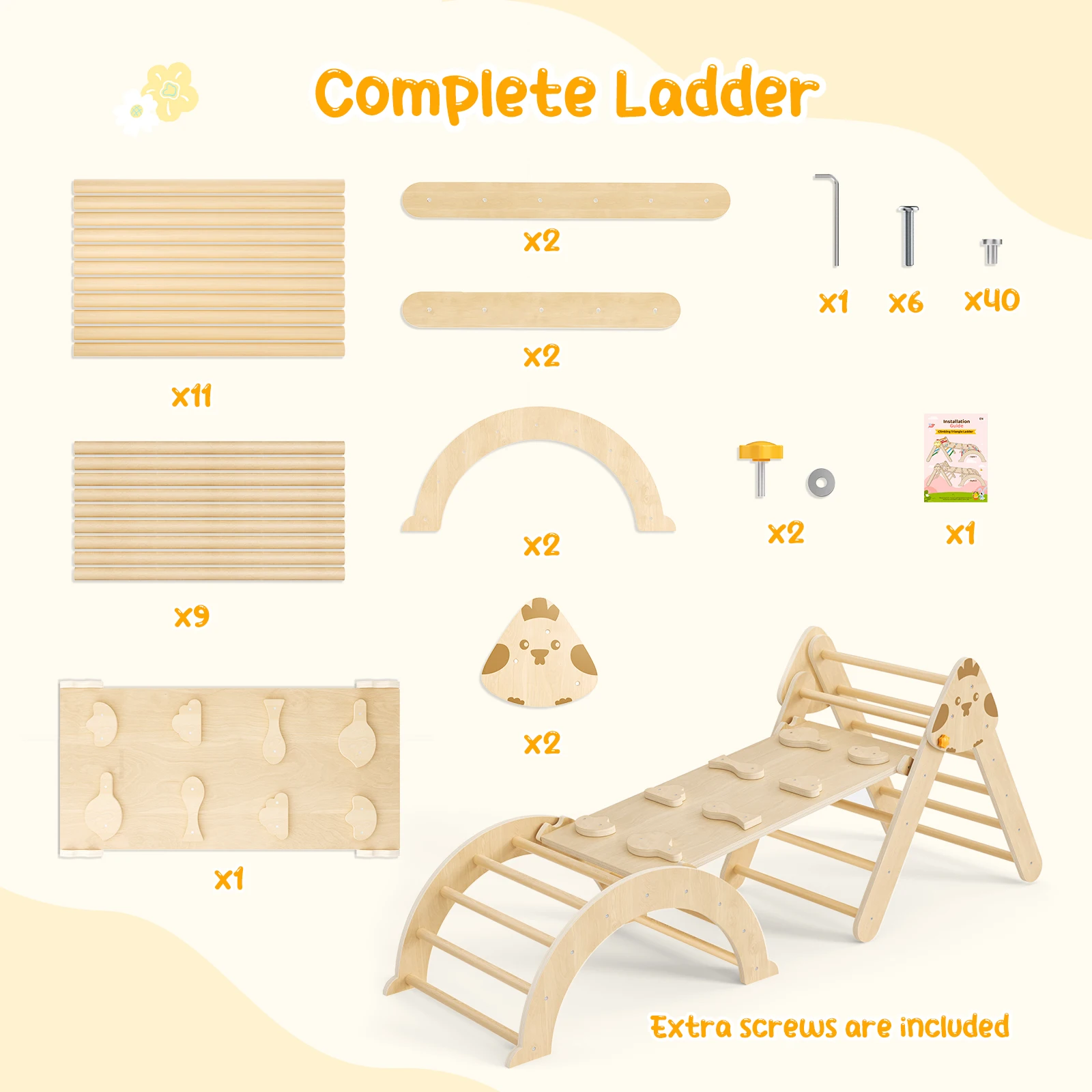 Image of 7-in-1 Indoor-Klettergerüst-Set, Holz-Kletterbogen & Dreieckleiter mit Rutsche, Montessori-Stil aus Lindenholz, höhen- und winkelverstellbar, faltbar & robuste Struktur für körperliche Entwicklung,