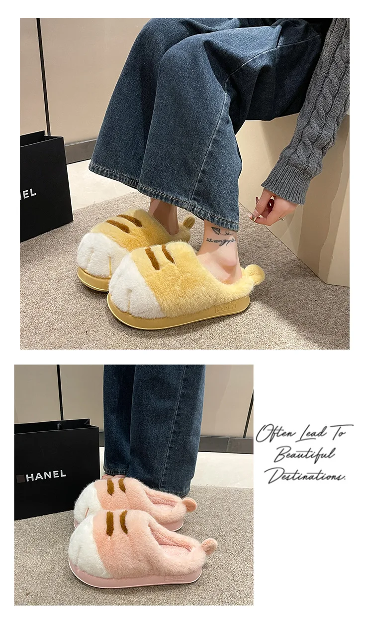 Ins Katzenpfoten-Hausschuhe für Erwachsene, Winter-Flip-Flops, warme Fell-Slides, flauschige Kätzchen-Hausschuhe, Unisex-Hausschuhe mit Tierkrallen-Design, Herren – Detail 10