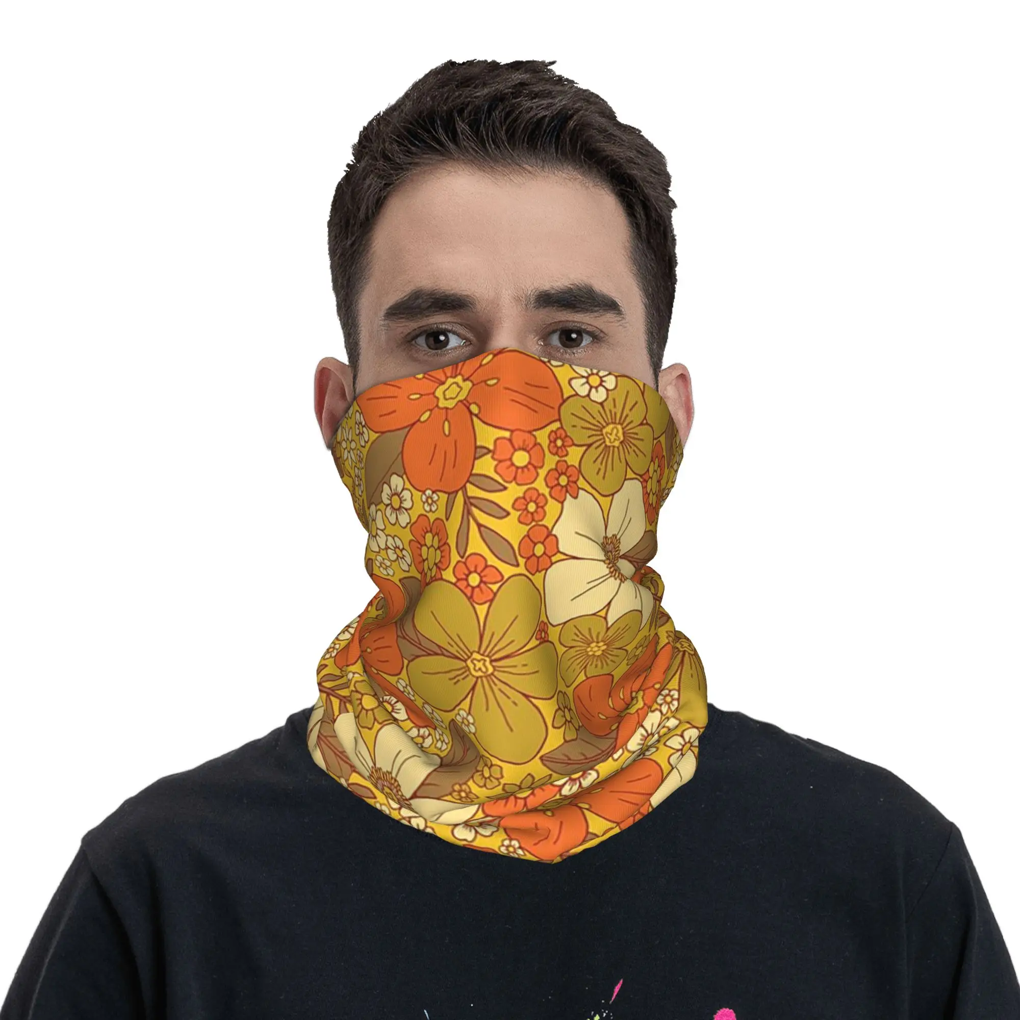 60s 70s Orange and Olive Green Floral Flower Bandana Neck Cover Printed Face Scarf Cycling Scarf Cycling Unisex Adult Windproof