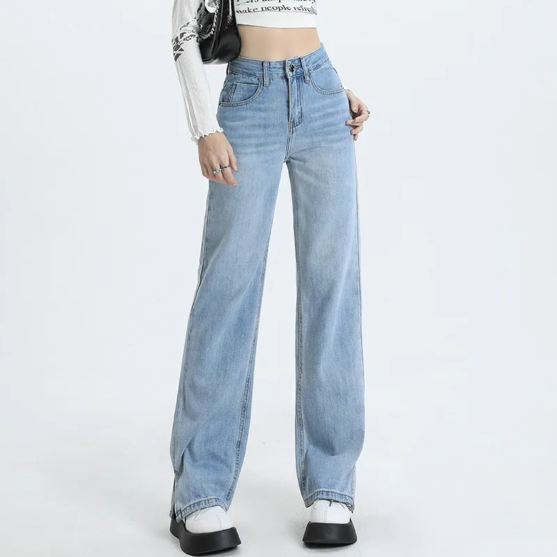 

Широкие свободные женские джинсы, модные джинсовые брюки с высокой талией, удобный подол с разрезом, эластичная молния спереди, высокие