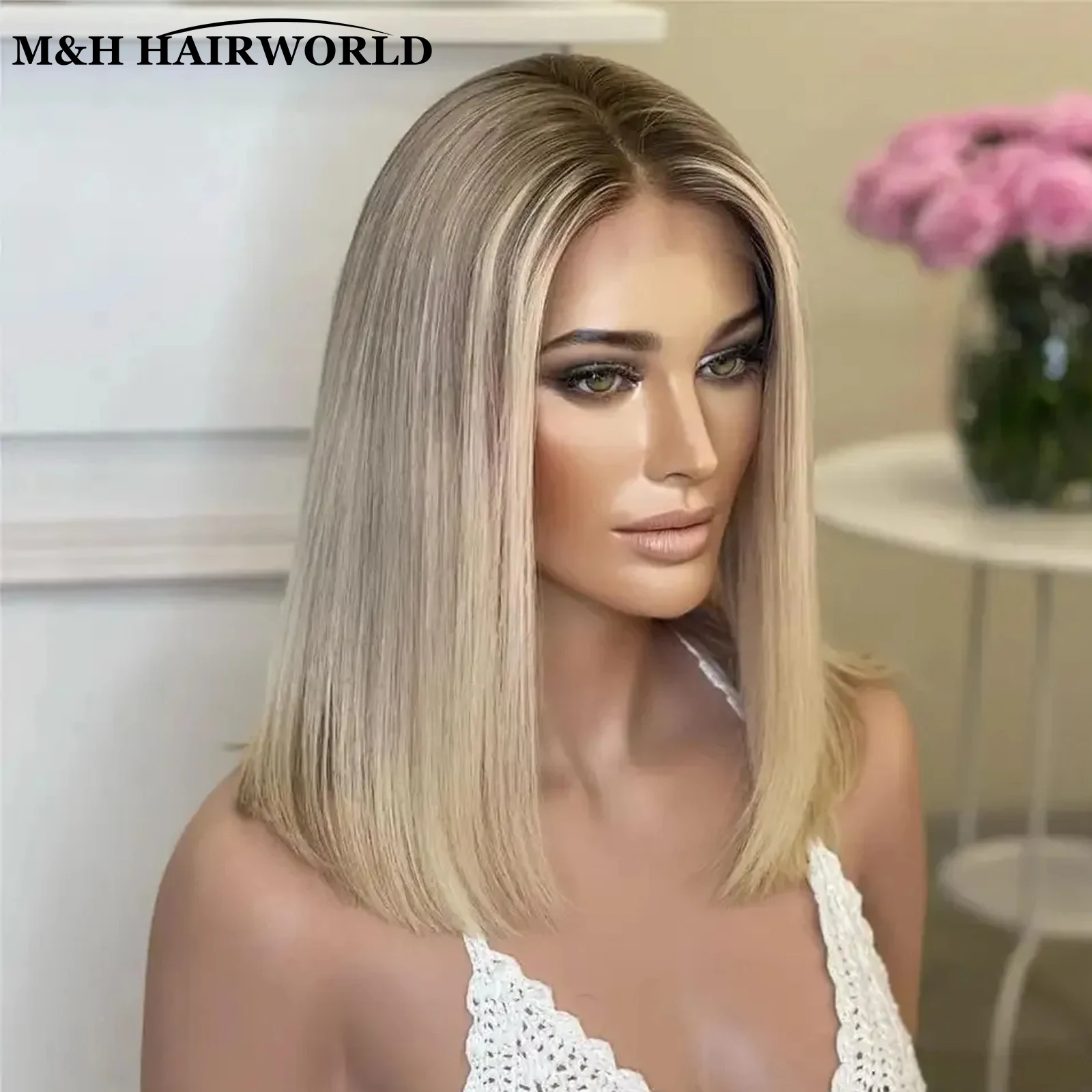 Ash Blonde Highlight Color Short Straight Bob Lace Front Wigs For Women Long Synthetic Hair Wig Dark Roots 13x3 Lace Frontal Wig