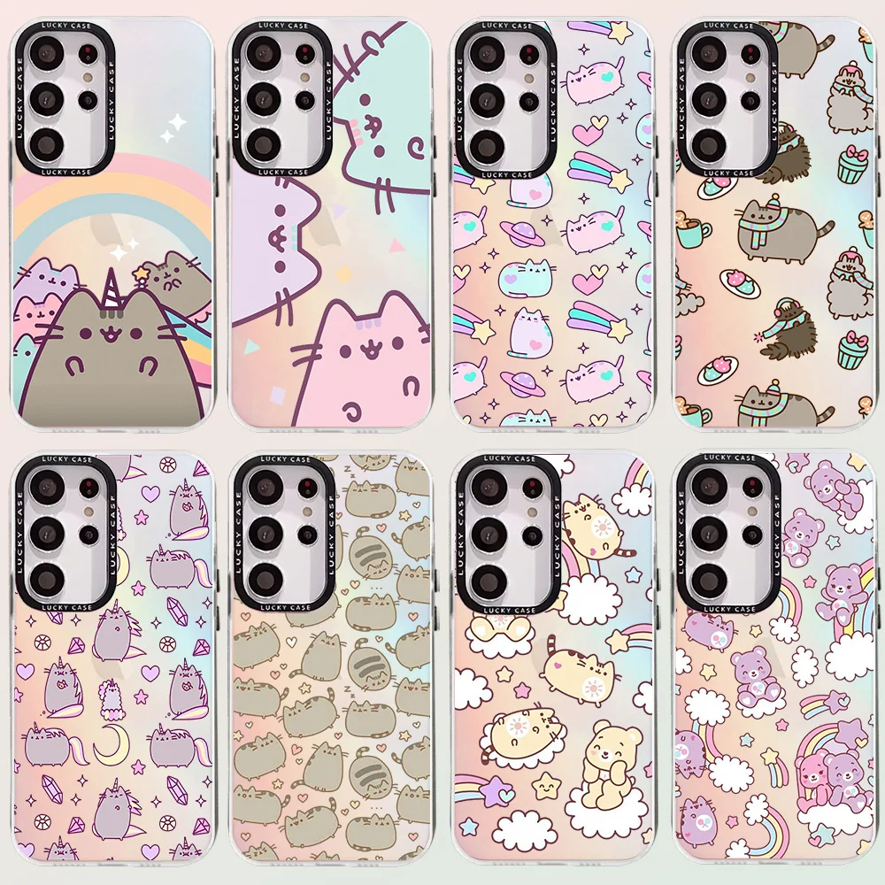 Cute Funy Pusheens Cat Phone Case for Samsung Galaxy S24 S23 S22 S21 S20 FE Ultra Plus M53 5G Matte Aurora Laser Gradient Cover