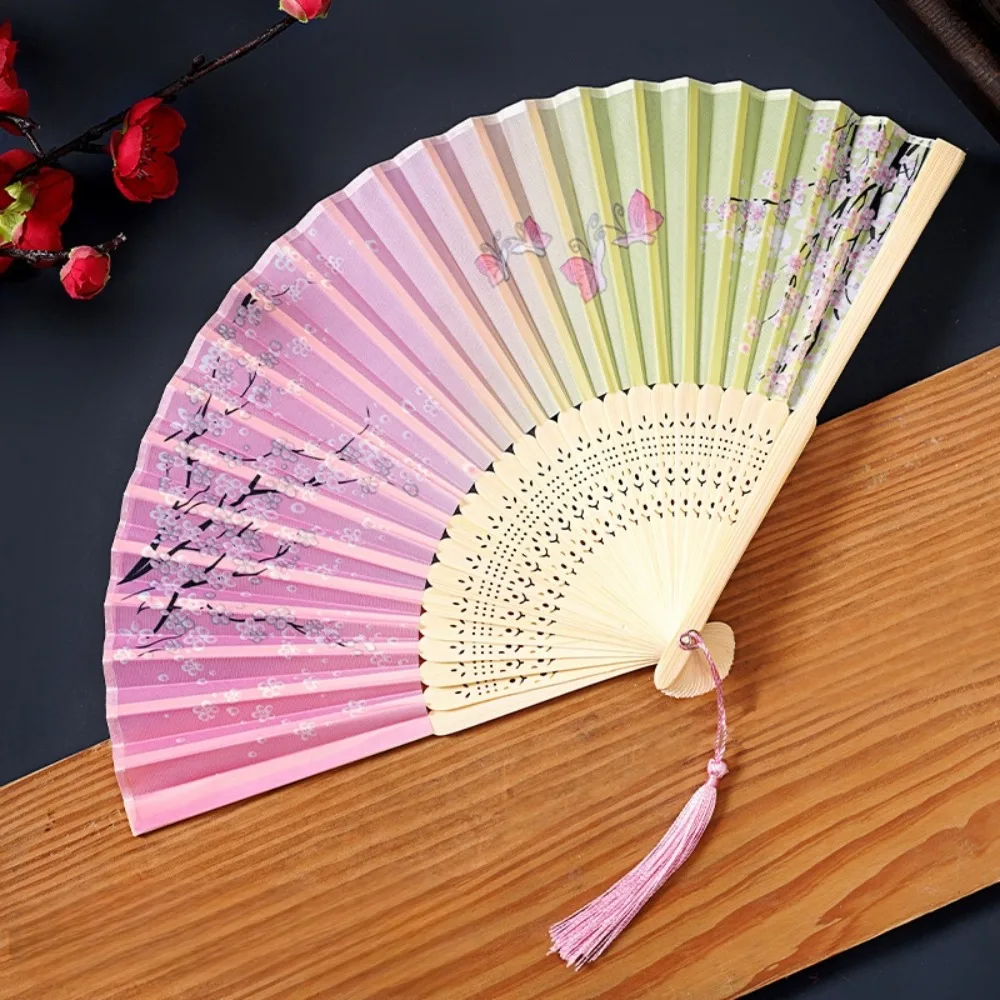 Éventail pliant à pompon de style chinois classique, motif hirondelle et papillon, en bambou, avec motifs saule pleureur et orchidée, éventail à main, cadeau pour fille