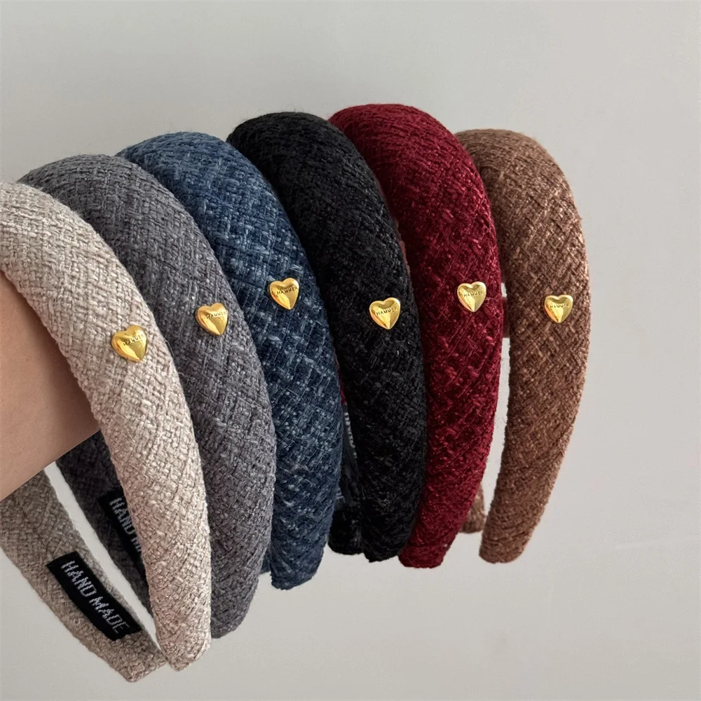Vintage Wide Tweed Headband Gold Heart Decor Fall Winter Thick Padded Non Slip For Women High Skull Top Hair Accessories Multico