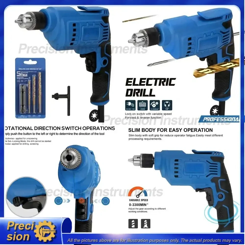 220V Corded Electric Drill 10mm 3/8 Inch Chuck 450W High Power Variable Speed Rotary Tool for Wood Metal Plastic DIY Drilling