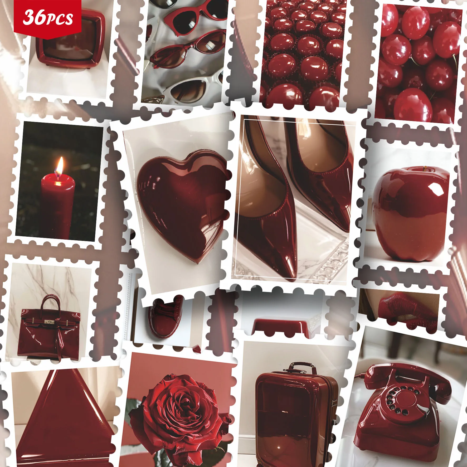 36PCS Burgundy Aesthetic Stickers, Deep Red Vibe Photo Collage Cutout Set for Journals, Planners & Decor