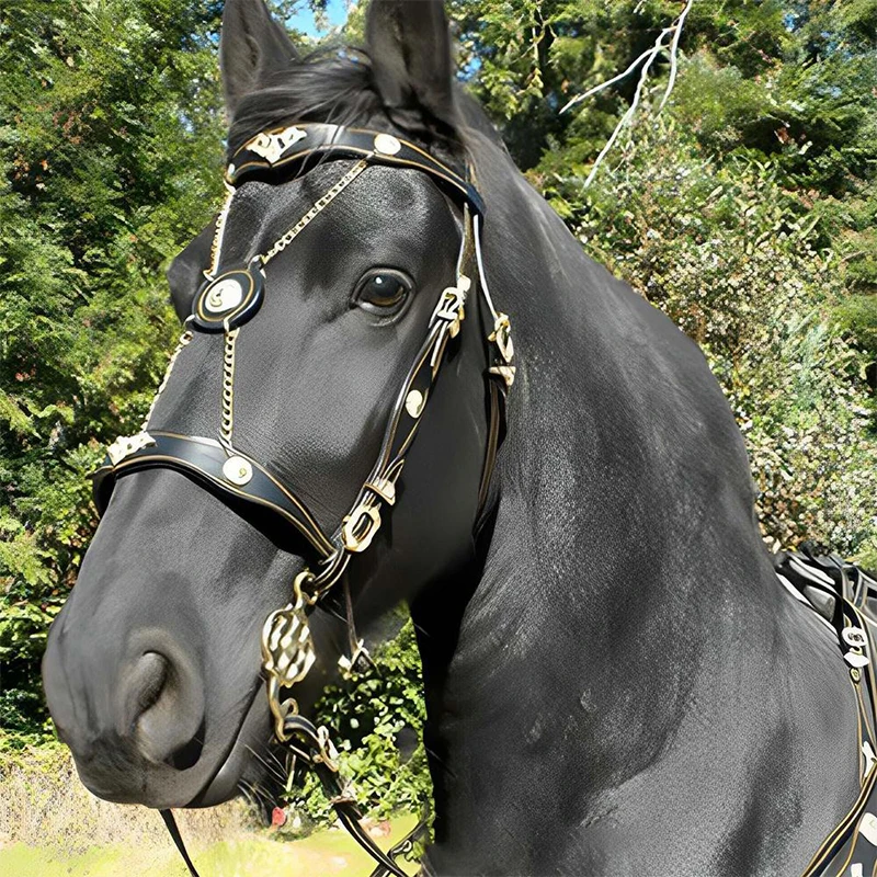 Cabeza de brida de cuero a la moda, equipo ecuestre para caballos, Halters y cuerdas de plomo, juego de jaula para caballos de tiro de Metal