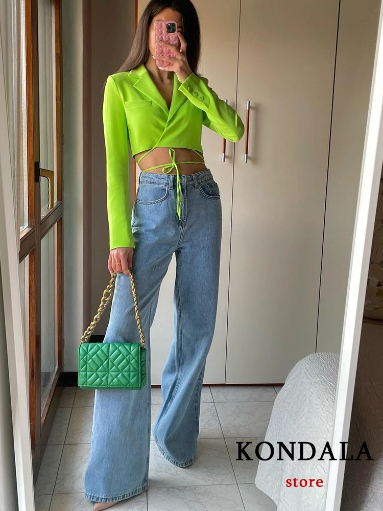 KONDALA Y2K Streetwear Solid Green Short Blazers Girls Deep V Neck Lace Up Sexy Jackets Female Elegant Mujer Tops