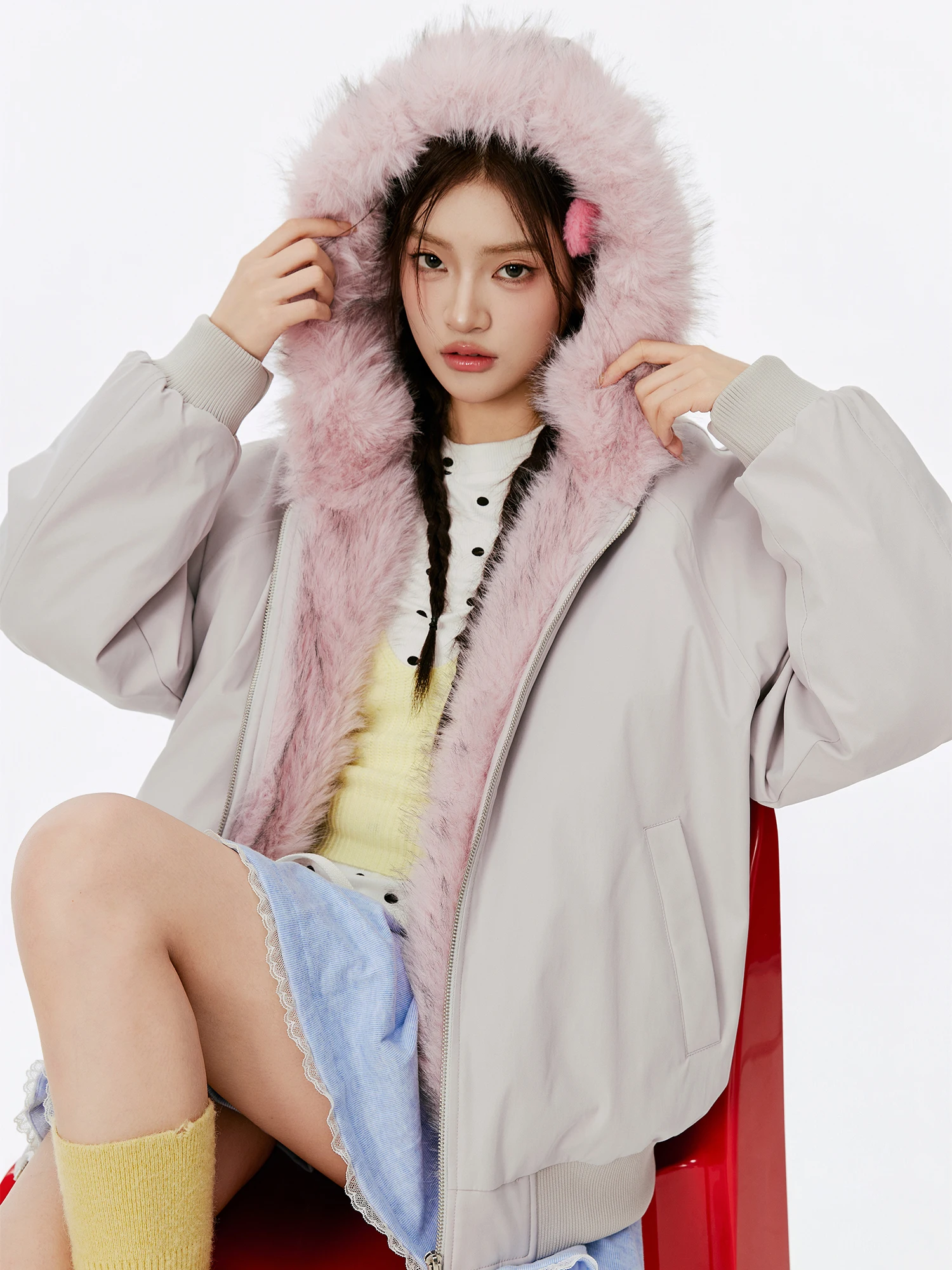 

Burgenland Women's Fce Lined Hooded Cotton Jaet Thi Outerwear with Large Fur Collar Korean Sle Loose Fit Long Sve