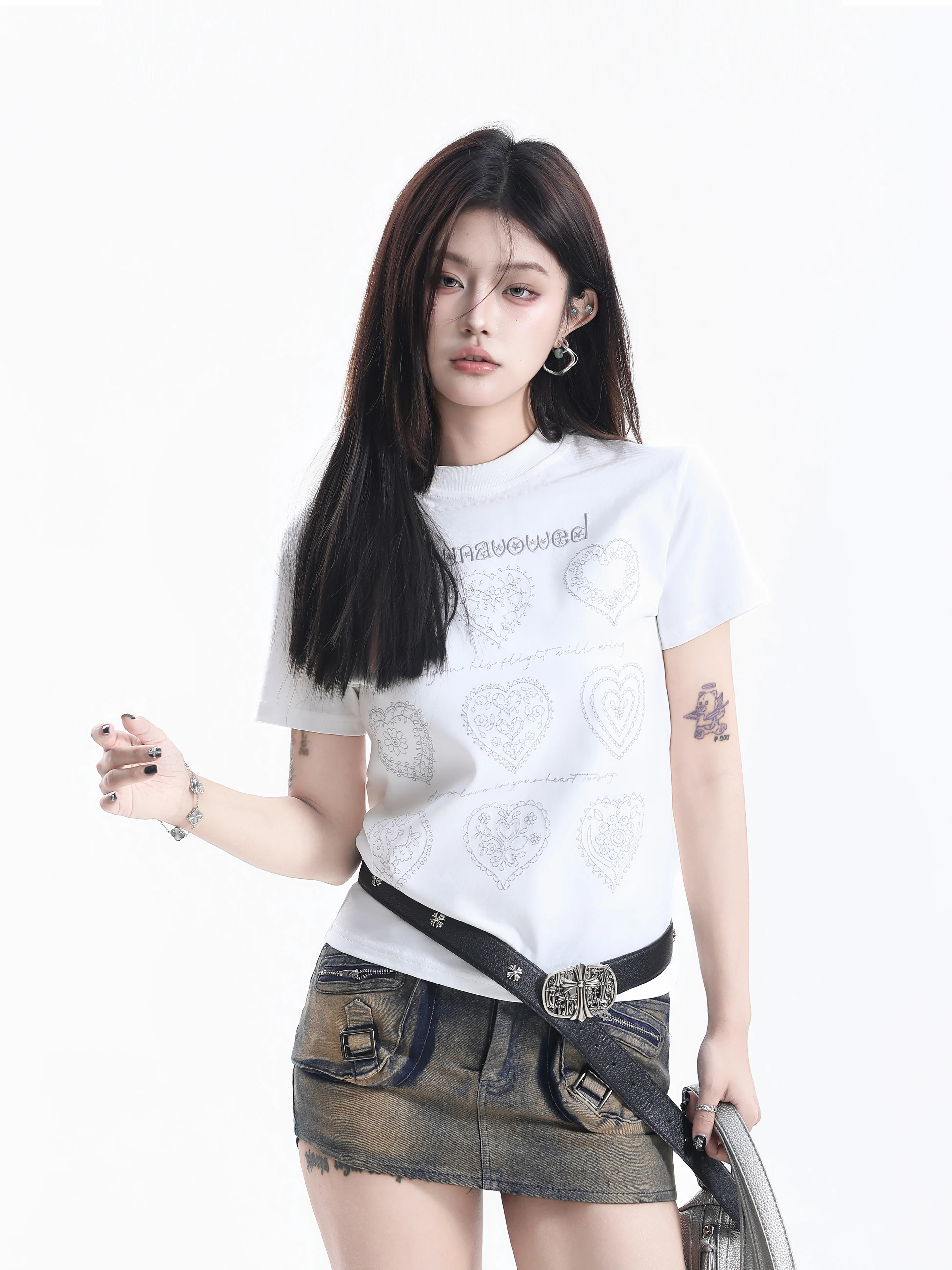 

Sweet Cool Style Heart Print Embroidery Short Sleeve T-Shirt Women Slim Fit American Hot Girl Short Length Versatile Top