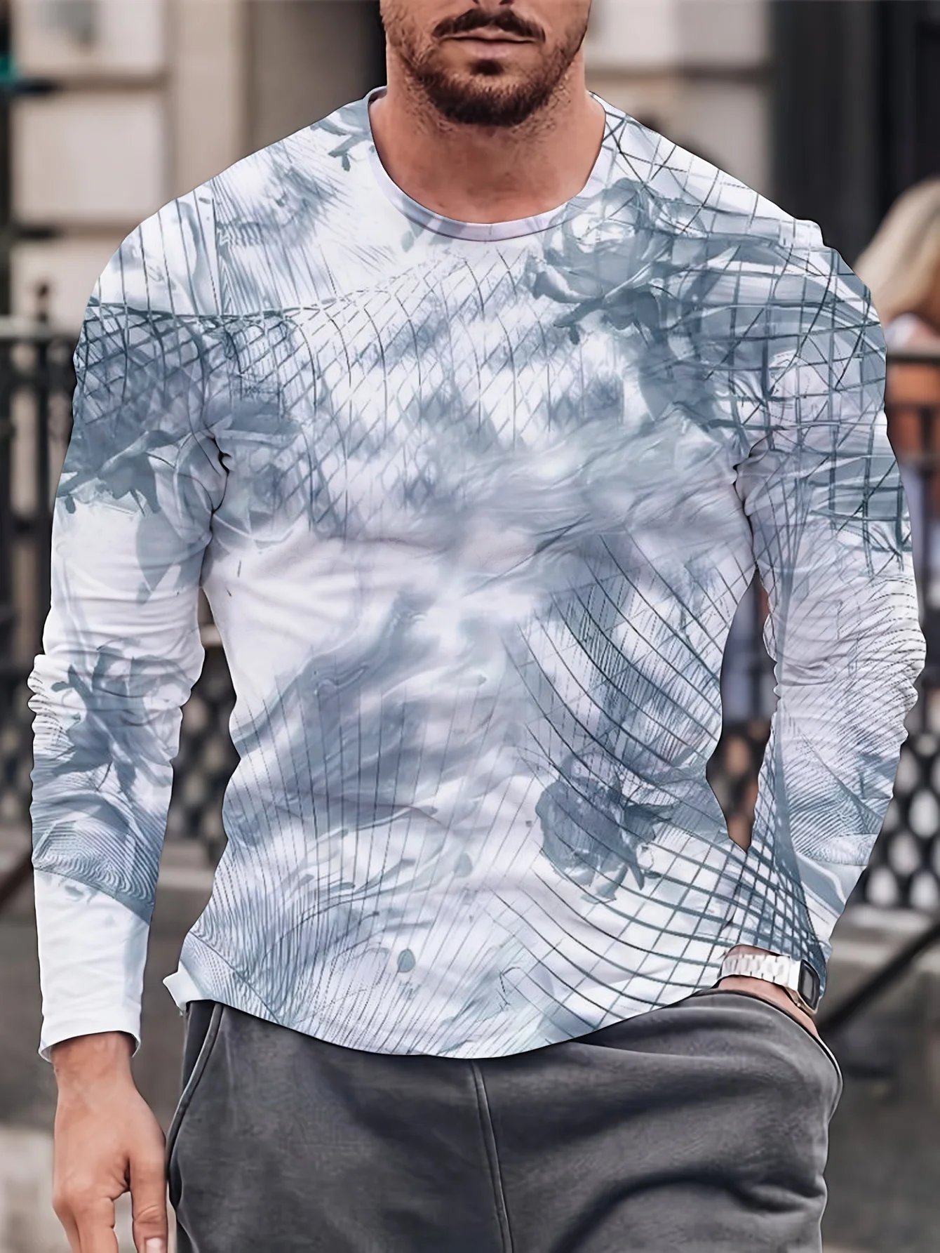 Sports men's long-sleeved T-shirt men's casual light hip-hop round neck T-shirt 3d gradient mesh printing casual street trend