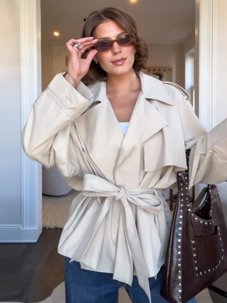 Frühling frauen Abgeschnitten Trenchcoat Spitze Up Apricot Revers Volle Ärmel Lose Dicke Jacken 2025, Mode Dame High Street Outwears