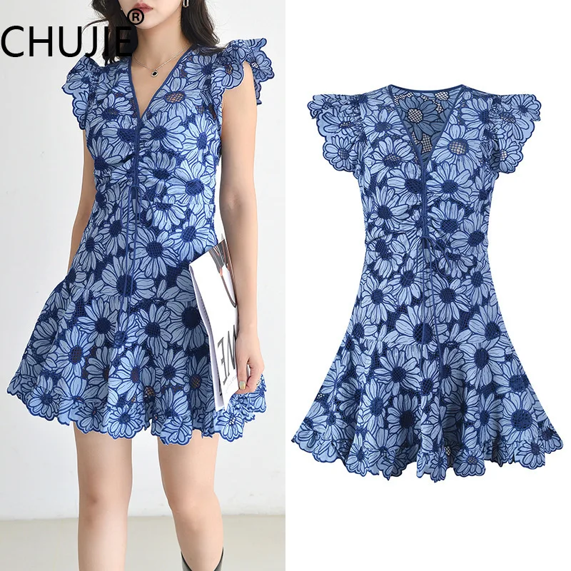 

Mini Daisy Embroidered Dress Water Soluble Lace High Waist Sexy Party Short Flutter Sleeve V-Neck