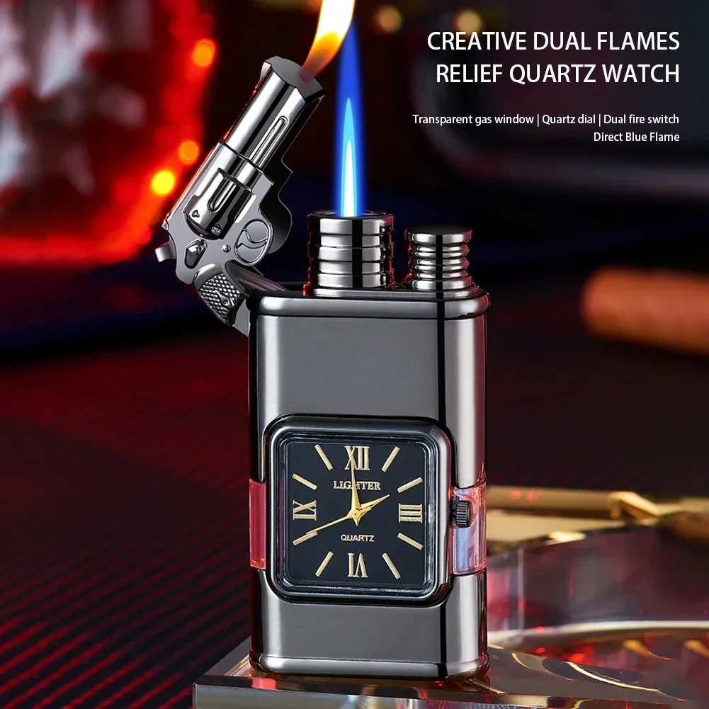 New Faucet Direct Windproof Blue Flame Double Flame Lighter With Watch Portable Inflatable Torch Cigarette Lighter Smoking Gift