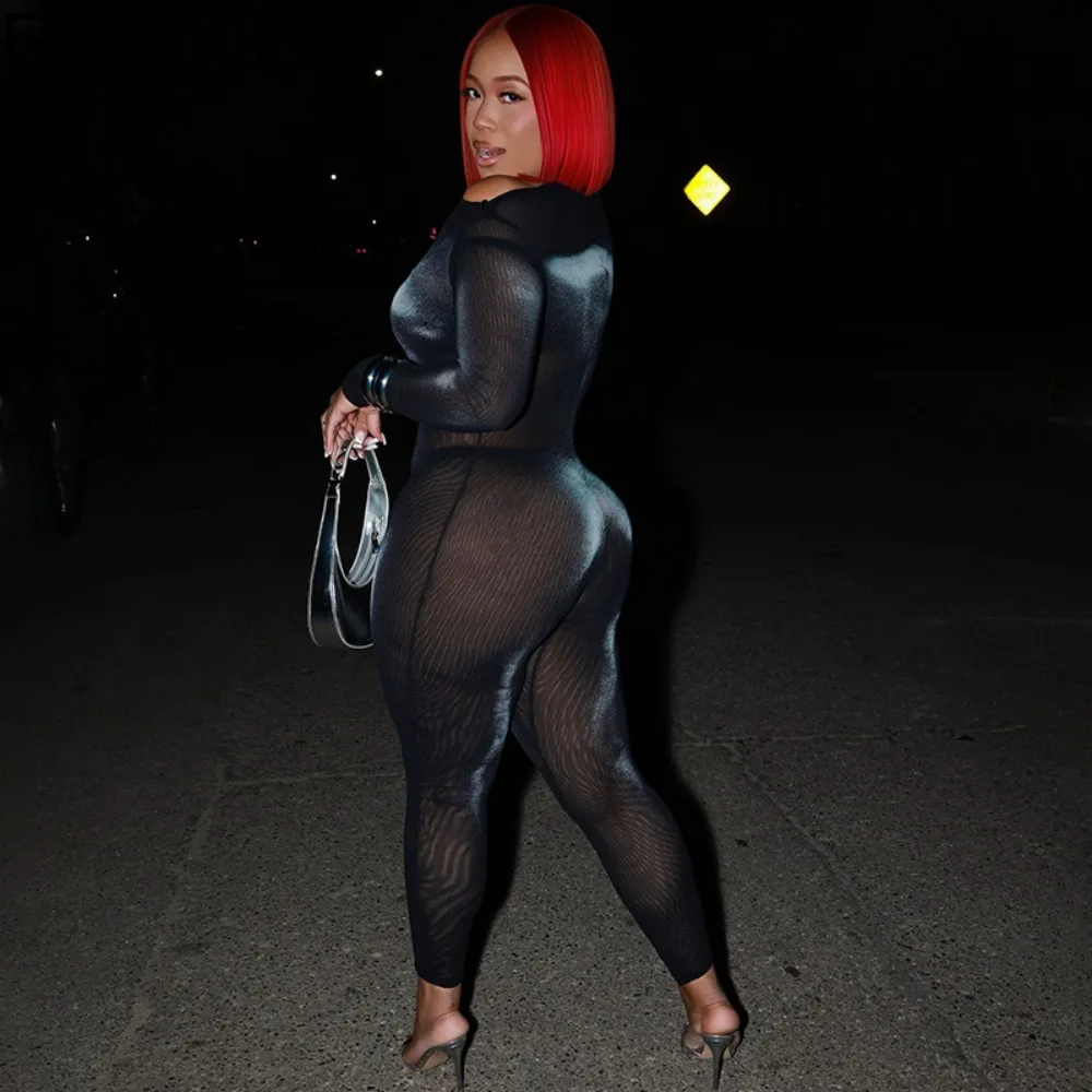 بدلة قفز مثيرة شبكية شفافة من FAGADOER بدلة قفز نسائية مكشوفة الأكتاف وأكمام طويلة ملابس نوادي نسائية جديدة 2025 #4