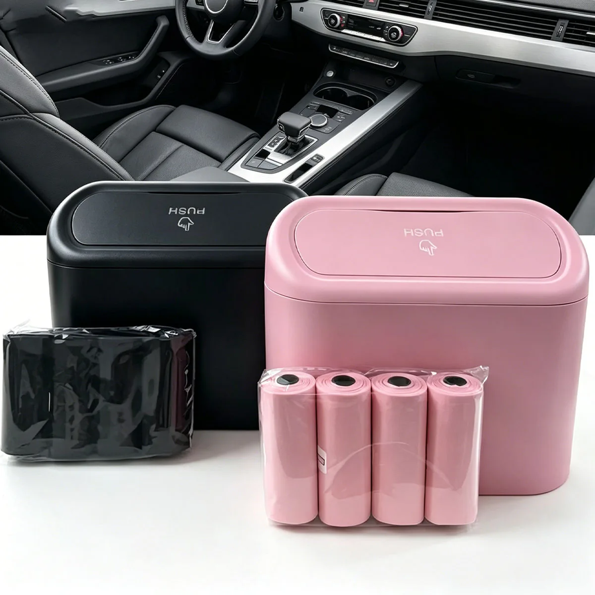 Car Trash Can, Mini Leakproof Trash Can for Car Desk, Thickened Garbage Bags Included, Portable Small Waste Bin for Vehicle