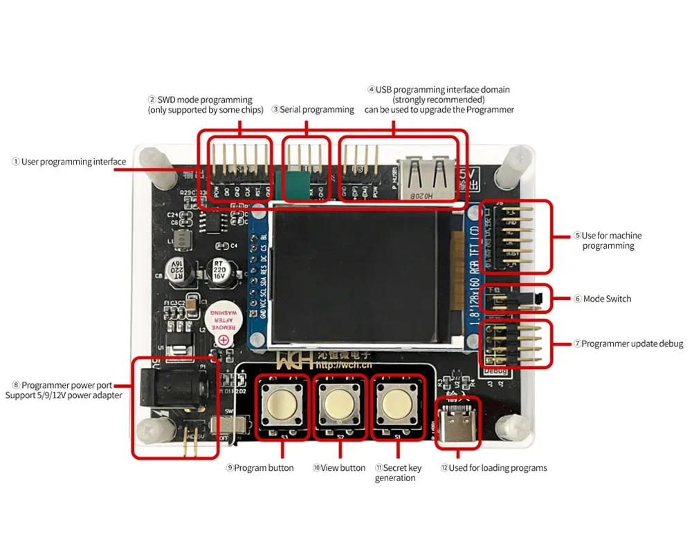 WCH-MCU-DL-PWRCFG Offline Programmer 3.3V/5V USB Serial SWD Dataflash Scrolling Code Downloader