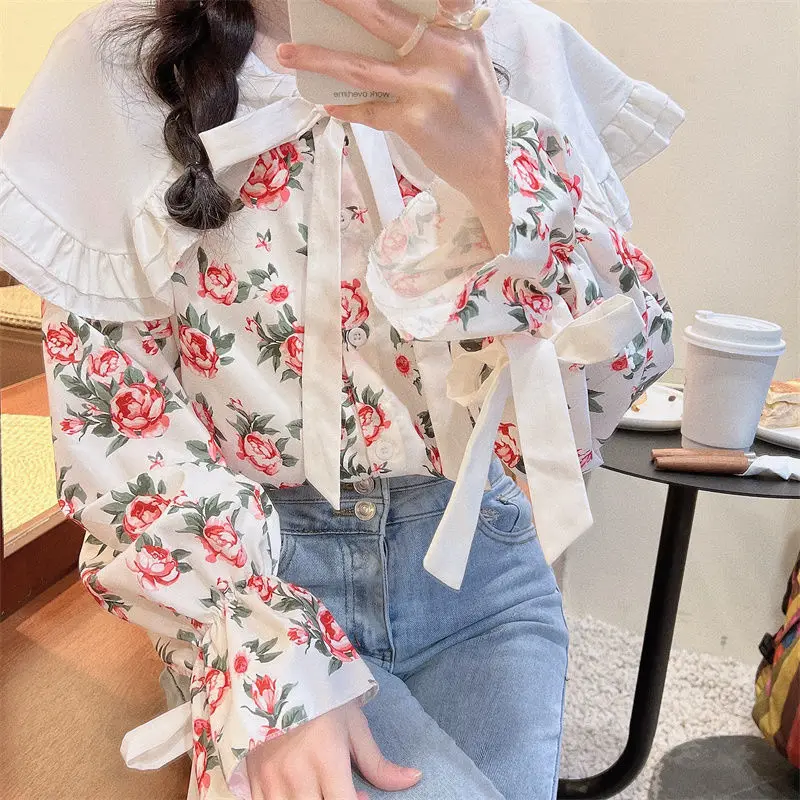 Sweet Loose Bandage Blouse Spring Autumn New Long Sleeve Printing Patchwork Bow Korean Shirt Tops Fashion Y2K Women Clothing