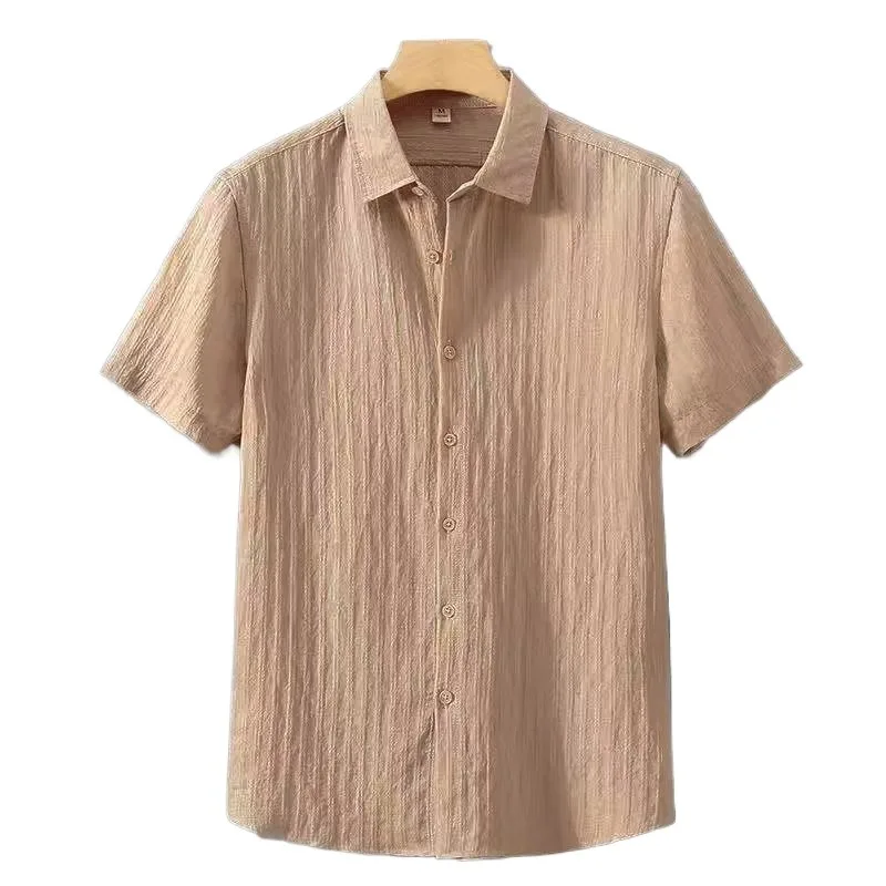 2025 Men's Clothing Short Sleeve Shirt Summer Linen Striped Jacquard Loose Fit Sun Protection UPF Breathable
