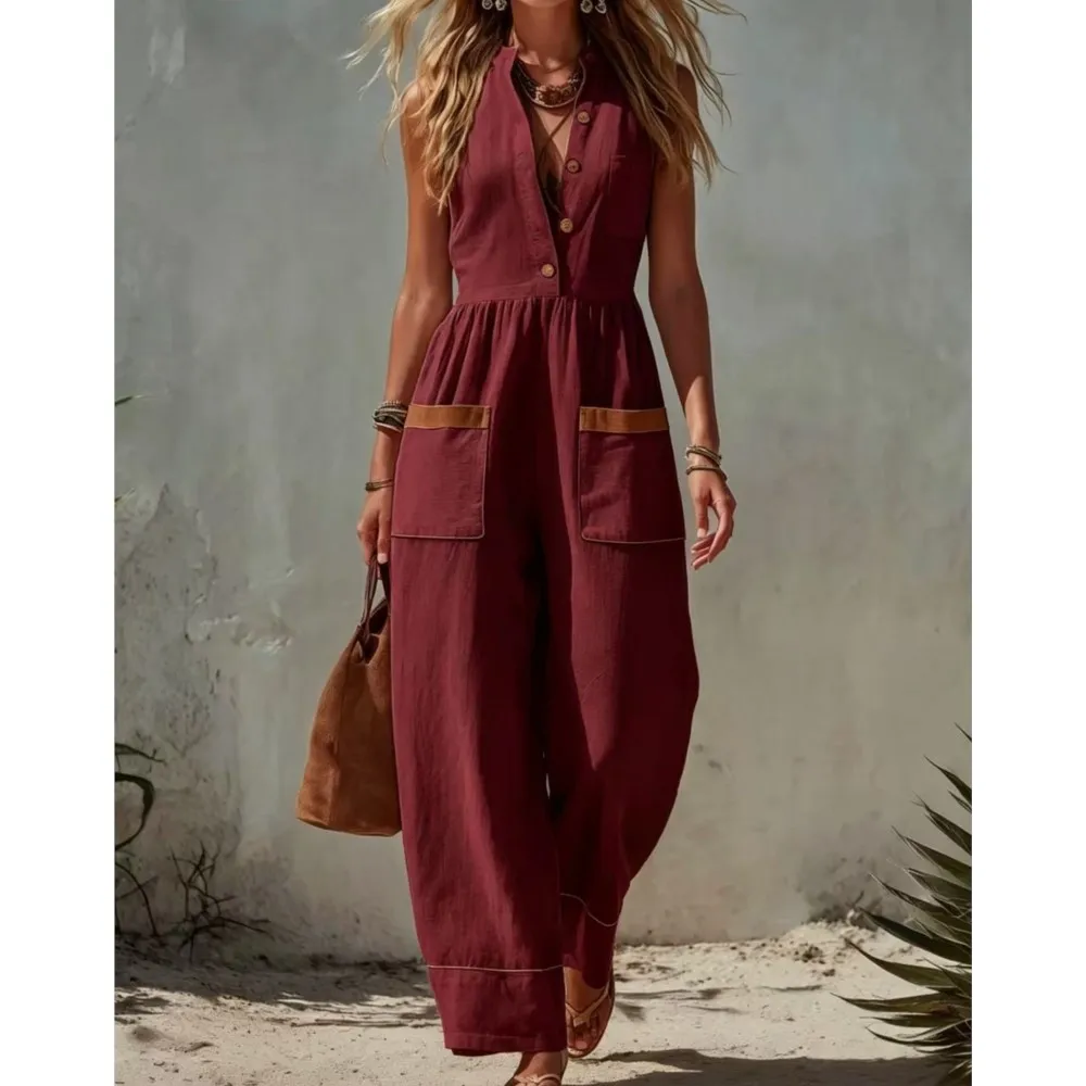 Fashion Women Sleeveless V Neck Linen Jumpsuits Contrast Pockets High Waist Elegant Casual Button Up Loose Wide Leg Jumpsuit