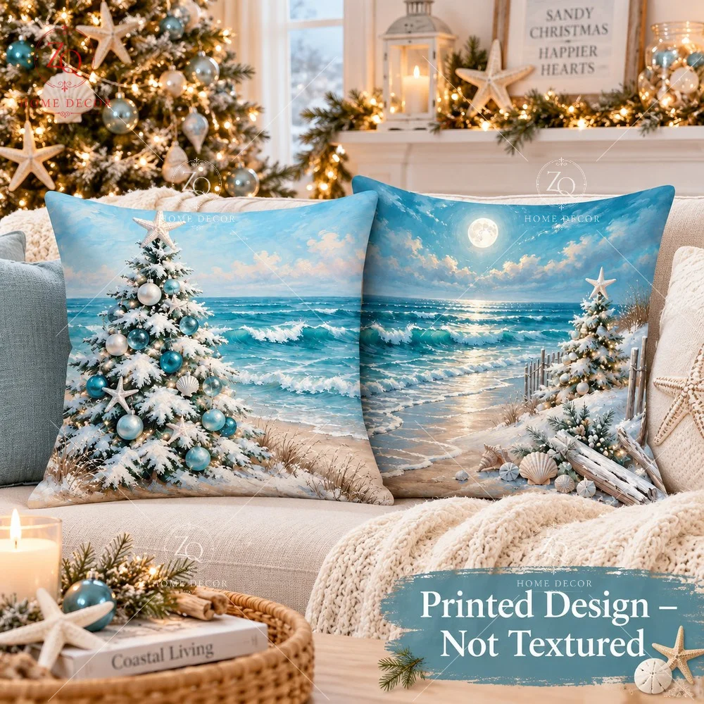 Coastal Christmas Pillow Cover 2D Flat Printed Peach Skin Tree Cushion Case Winter Holiday Decor For Living Room Sofa