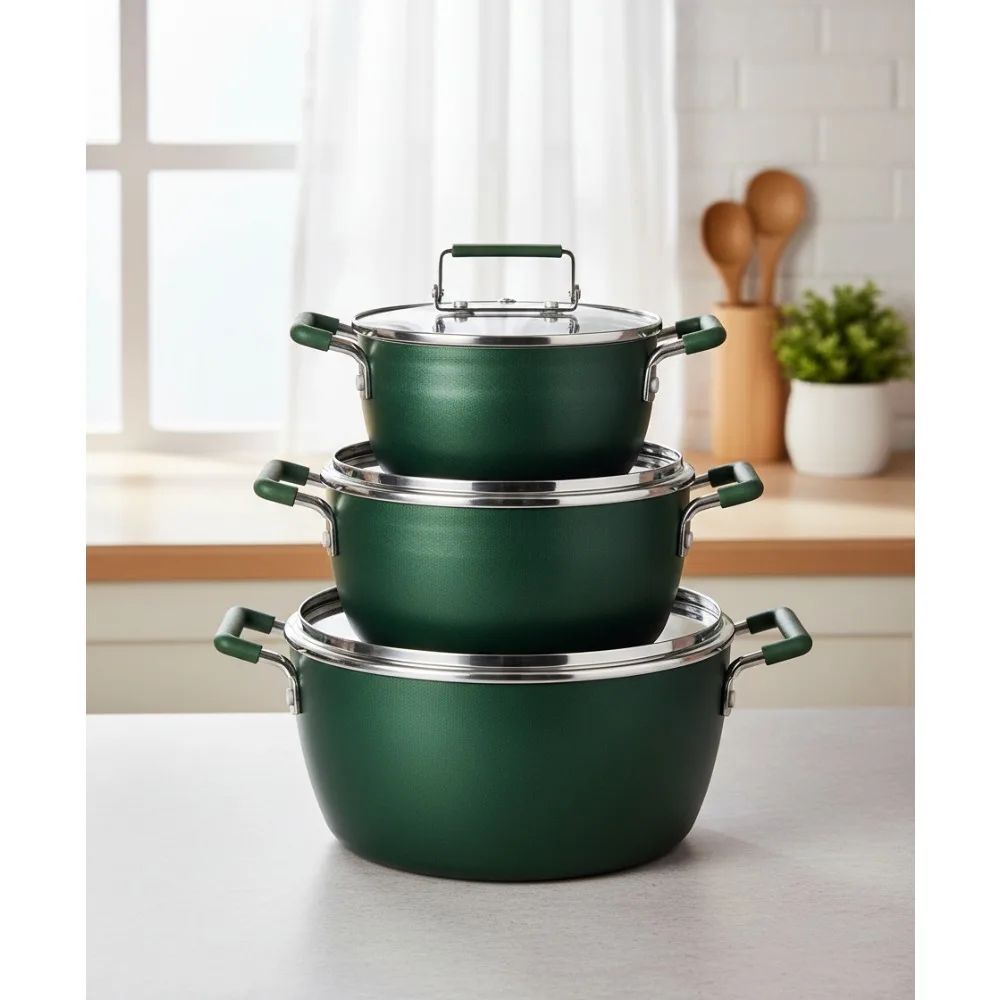 

Premium Nonstick Cookware Set 6-Piece Stackable Pots with Lids Dishwasher Safe Healthy Cooking